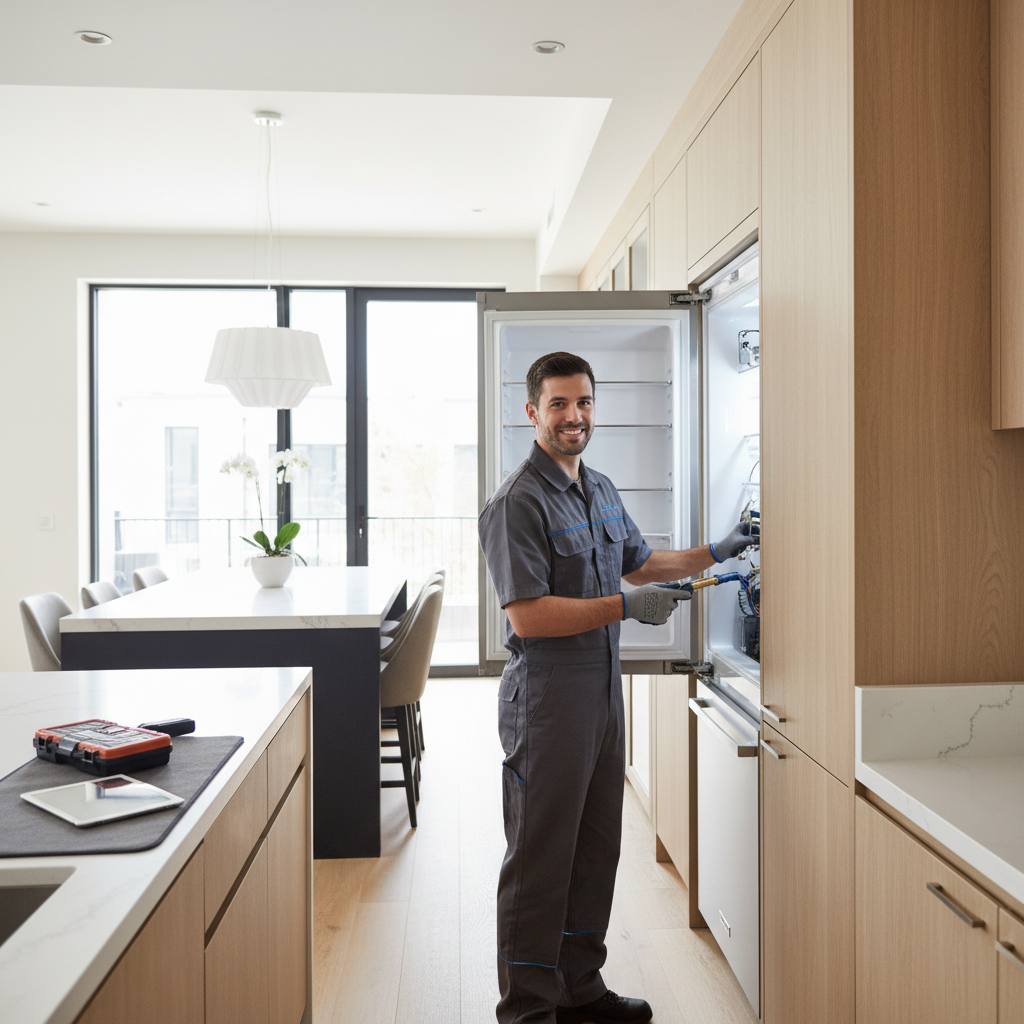 Professional appliance repair technician working in a premium home